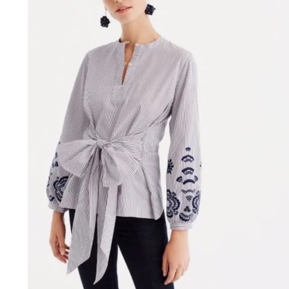 J. Crew • Embroidered Tie-Front Stripe Tunic Blouse Top - Picture 1 of 5